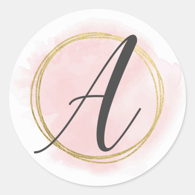 Sticker Rond Monogramme Lettre A Rose Blush Aquarelle Or Chic (Devant)