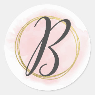 Sticker Rond Monogramme Lettre B Rose Blush Aquarelle Or Chic