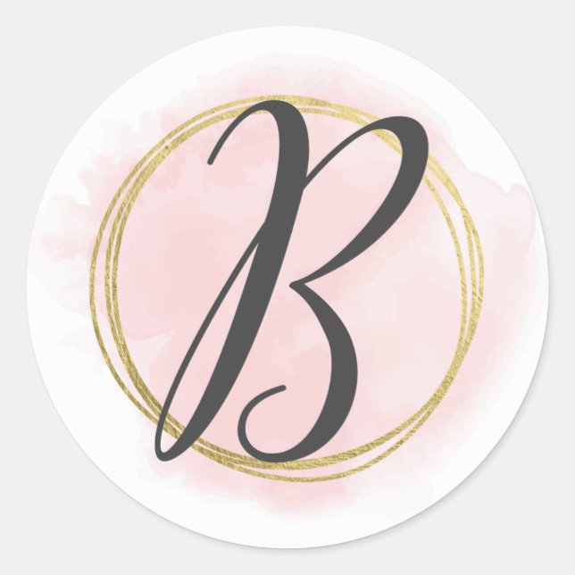 Sticker Rond Monogramme Lettre B Rose Blush Aquarelle Or Chic (Devant)