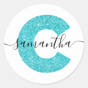 Sticker Rond Monogramme lettre C pailleté turquoise féminin