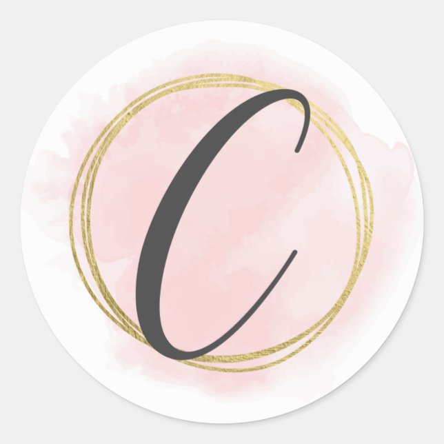 Sticker Rond Monogramme lettre C rose blush aquarelle or chic (Devant)