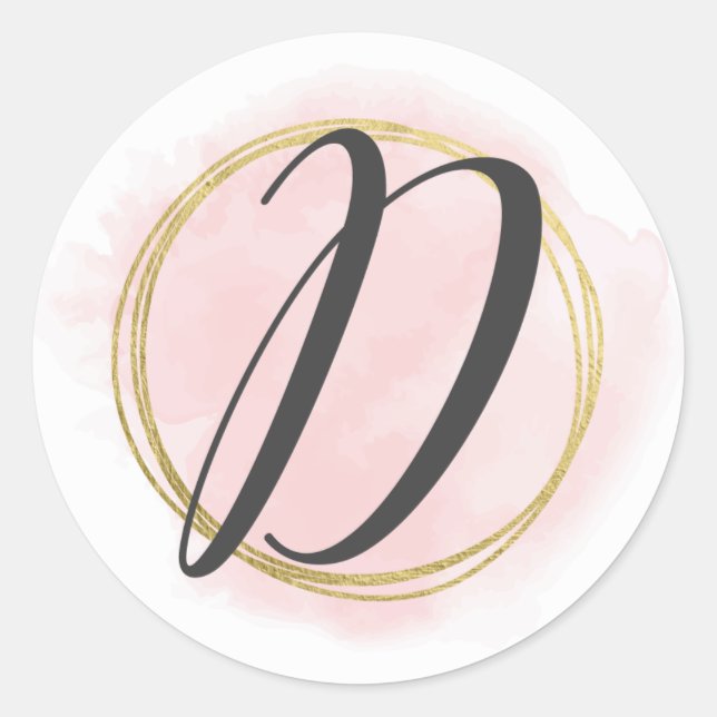 Sticker Rond Monogramme lettre D rose blush aquarelle or chic (Devant)