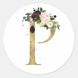 Sticker Rond Monogramme lettre dorée fleurs boho bordeaux Cla