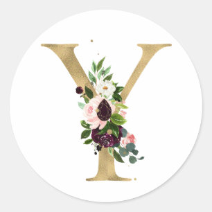 Sticker Rond Monogramme lettre dorée fleurs boho bordeaux Cla