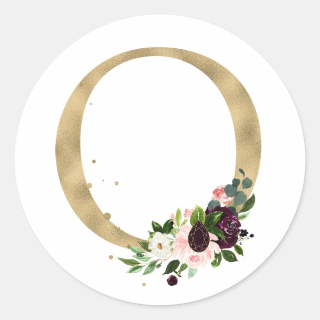 Sticker Rond Monogramme lettre dorée fleurs boho bordeaux Cla (Devant)
