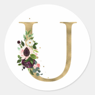 Sticker Rond Monogramme lettre dorée fleurs boho bordeaux Cla
