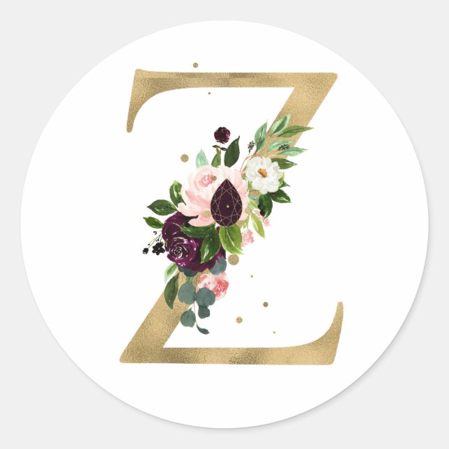 Sticker Rond Monogramme lettre dorée fleurs boho bordeaux  Cla (Devant)
