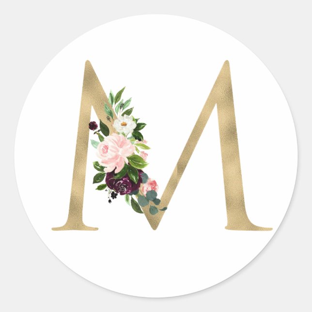Sticker Rond Monogramme lettre dorée fleurs boho bordeaux Cla (Devant)
