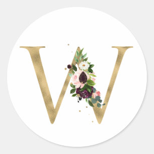 Sticker Rond Monogramme lettre dorée fleurs bordeaux boho Cla
