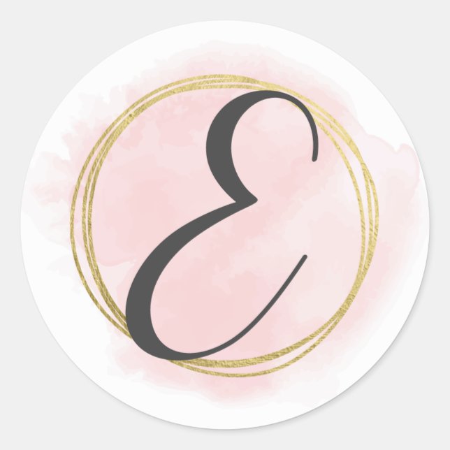 Sticker Rond Monogramme lettre E rose blush aquarelle doré chic (Devant)