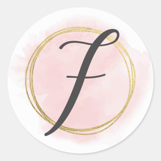 Sticker Rond Monogramme lettre F rose blush aquarelle or chic (Devant)