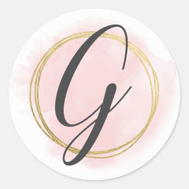 Sticker Rond Monogramme lettre G rose blush aquarelle or chic (Devant)