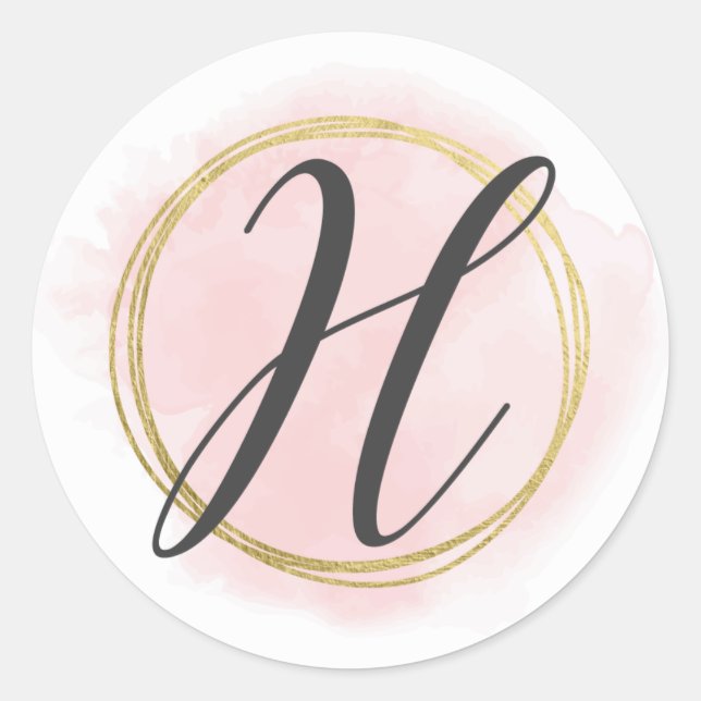Sticker Rond Monogramme lettre H rose blush aquarelle or chic (Devant)