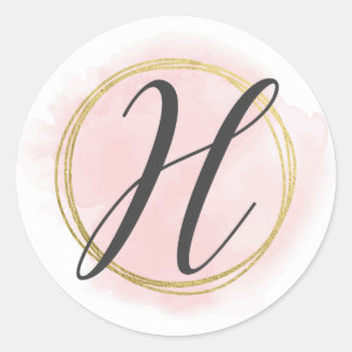 Sticker Rond Monogramme Lettre H Rose Pâle Aquarelle Or Chic