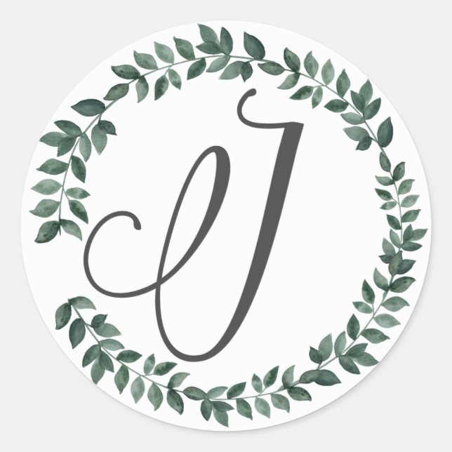 Sticker Rond Monogramme lettre J Couronne de feuilles botanique (Devant)