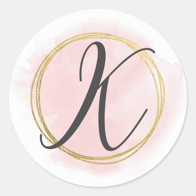 Sticker Rond Monogramme lettre K rose blush aquarelle or chic (Devant)