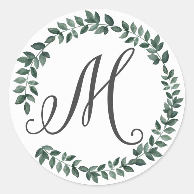 Sticker Rond Monogramme Lettre M Couronne de Feuilles Botanique (Devant)