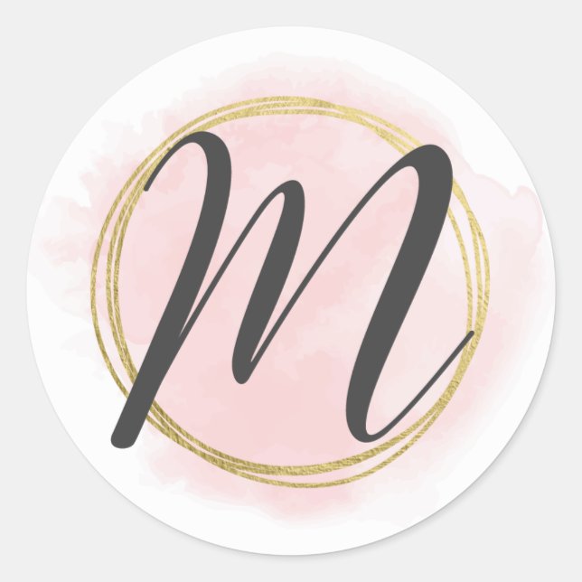 Sticker Rond Monogramme lettre M rose blush aquarelle or chic (Devant)