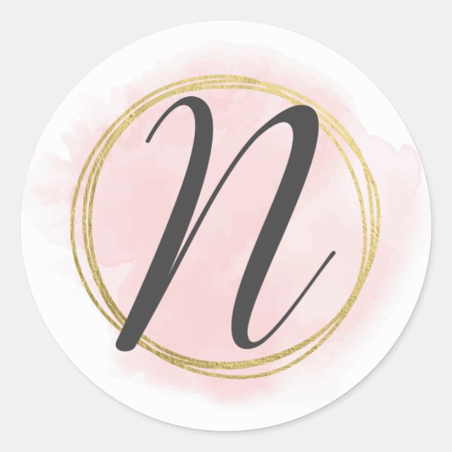 Sticker Rond Monogramme Lettre N Rose Blush Aquarelle Or Chic (Devant)