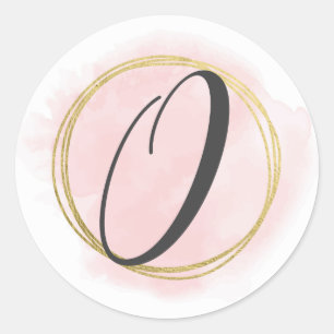 Sticker Rond Monogramme lettre O rose blush aquarelle or chic