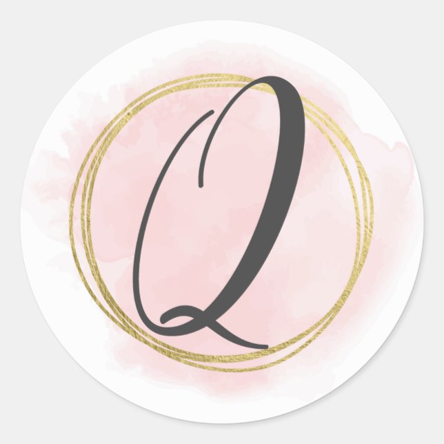 Sticker Rond Monogramme Lettre Q Rose Pâle Aquarelle Doré Chic (Devant)