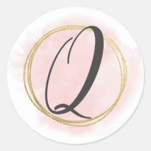 Sticker Rond Monogramme Lettre Q Rose Pâle Aquarelle Or Chic