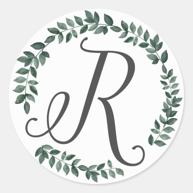 Sticker Rond Monogramme Lettre R Couronne de Feuilles Botanique (Devant)