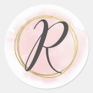 Sticker Rond Monogramme lettre R rose poudré aquarelle or chic