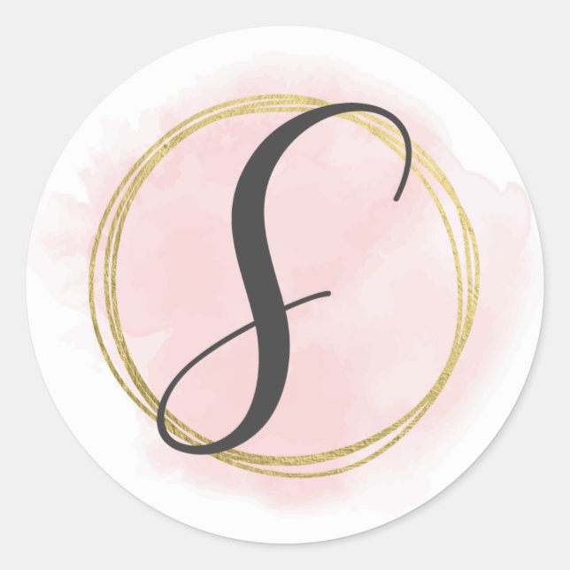 Sticker Rond Monogramme lettre S rose blush aquarelle or chic (Devant)