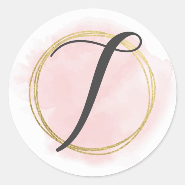 Sticker Rond Monogramme lettre T rose blush aquarelle or chic (Devant)
