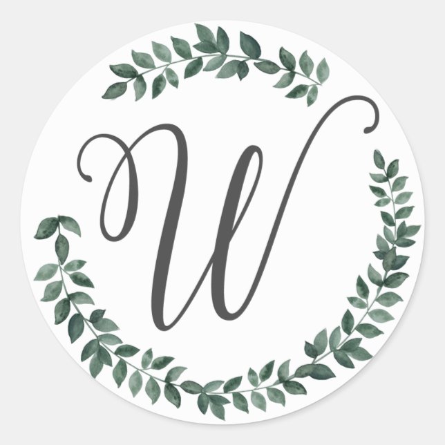 Sticker Rond Monogramme lettre W Couronne de feuilles botanique (Devant)