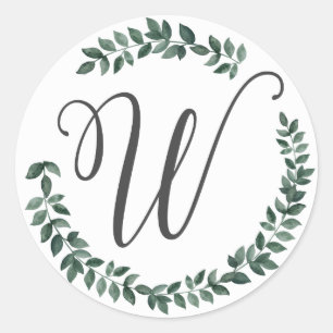 Sticker Rond Monogramme Lettre W Couronne de Feuilles Botanique