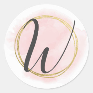 Sticker Rond Monogramme lettre W rose blush aquarelle or chic
