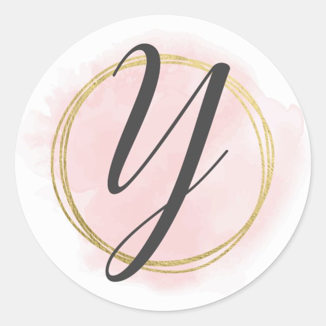 Sticker Rond Monogramme lettre Y rose blush aquarelle or chic (Devant)