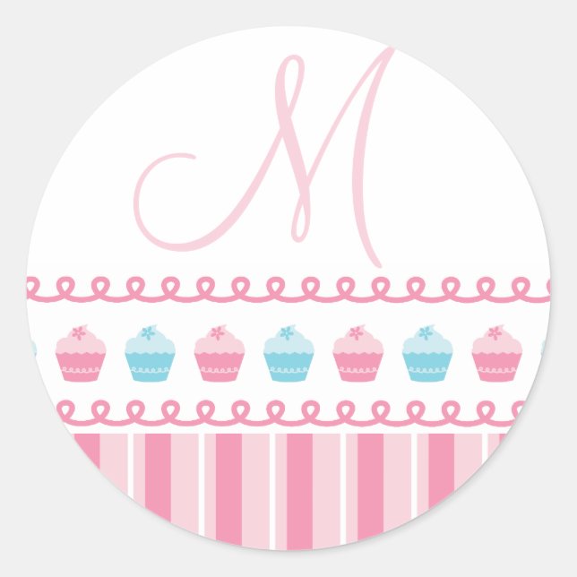 Sticker Rond Monogramme M Cupcakes Pinstripes Bleu rose (Devant)
