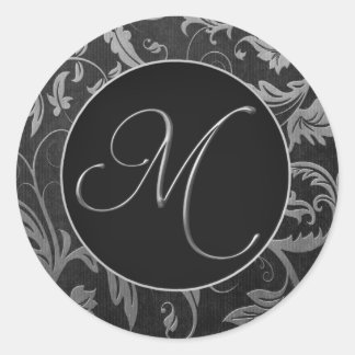 Sticker Rond Monogramme M Sceau d'argent et de Mariage damassé 