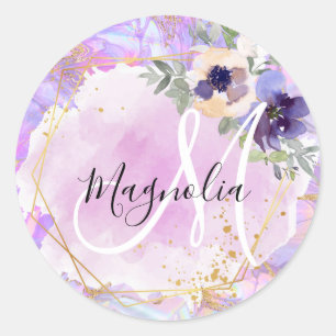 Sticker Rond Monogramme Marbre Arc-en-ciel Violet, Rose & Or