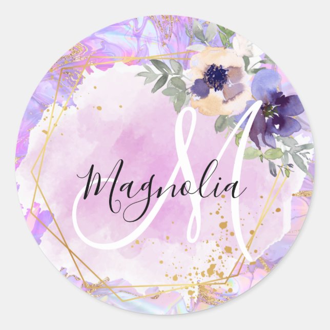 Sticker Rond Monogramme Marbre Arc-en-ciel Violet, Rose & Or (Devant)