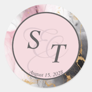 Sticker Rond Monogramme marbré Dusty Rose Black Gold Abstrait
