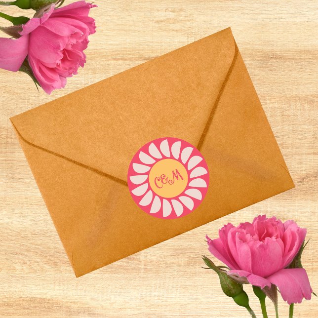 Sticker Rond Monogramme Mariage à fleurs rose et orange rétro (Créateur téléchargé)