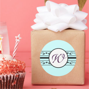 Sticker Rond Monogramme Mariage Aqua Bleu Frontières