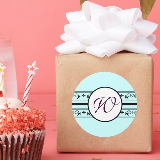 Sticker Rond Monogramme Mariage Aqua Bleu Frontières (Fête)