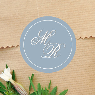 Sticker Rond Monogramme Mariage bleu Dusty personnalisé