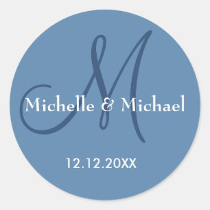 Sticker Rond Monogramme Mariage bleu foncé moderne Nom