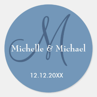 Sticker Rond Monogramme Mariage bleu foncé moderne Nom