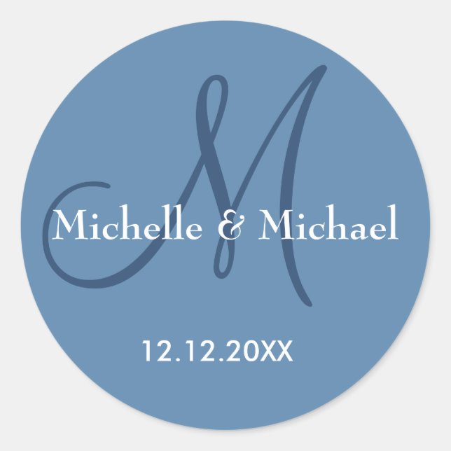 Sticker Rond Monogramme Mariage bleu foncé moderne Nom (Devant)