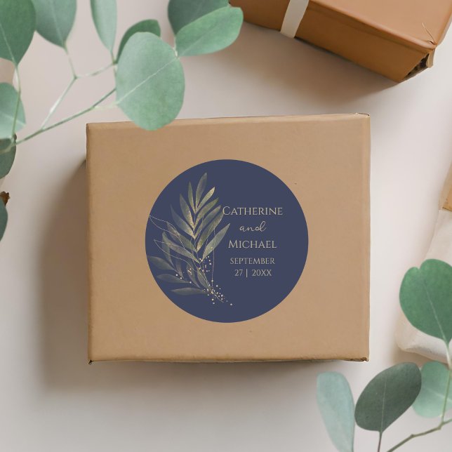 Sticker Rond Monogramme Mariage bleu or de la marine moderne (Créateur téléchargé)