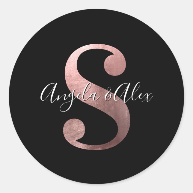 Sticker Rond Monogramme Mariage Classique Rose Gold Feuille S N (Devant)