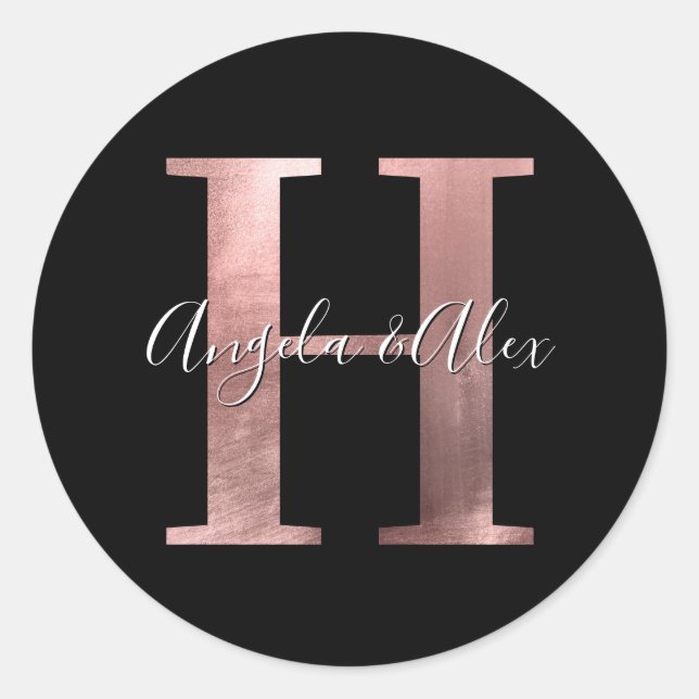 Sticker Rond Monogramme Mariage Classique Rose Gold Foil H Noir (Devant)