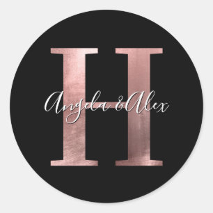 Sticker Rond Monogramme Mariage Classique Rose Gold Foil H Noir
